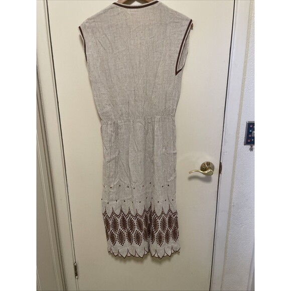 Womens Sleeveless Gauze Cotton Embroidered Midi Dress Brown Tan From India 46 S - Picture 6 of 6